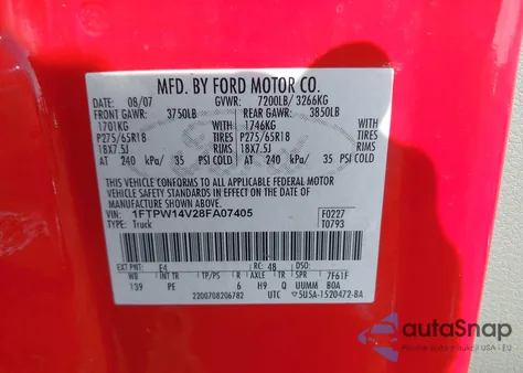2008 Ford F-150 z USA, uszkodzony, nr VIN 1FTPW14V28FA07405
